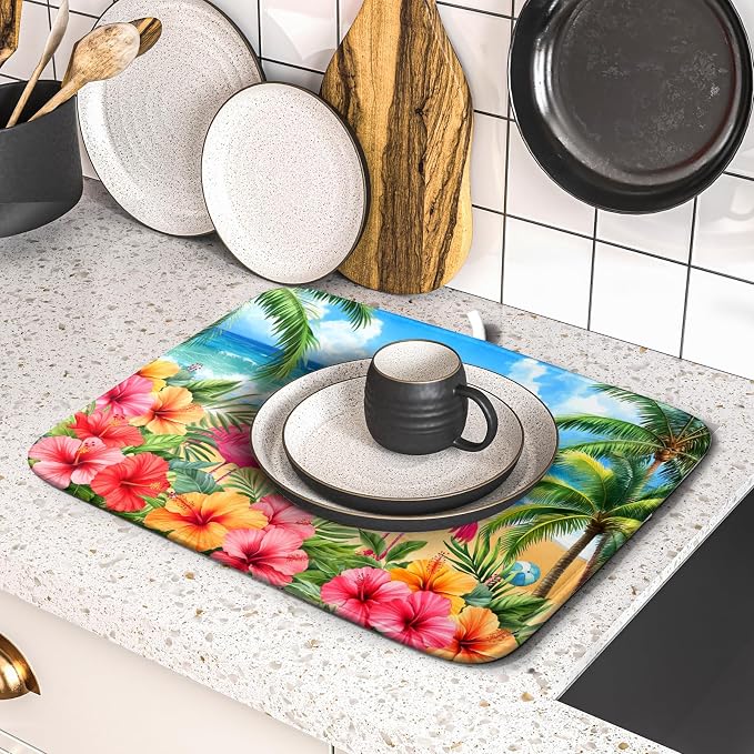 Summer Flamingos Dish Drying Mat 16x18 inch Tropical Beach Microfiber Washable - Image 5