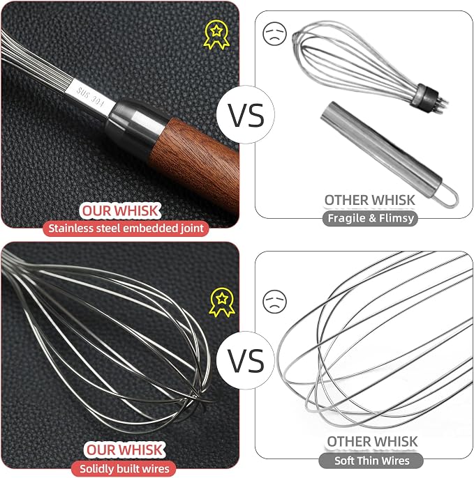 Stainless Steel Wire Whisk for Cooking- Wooden Handle Kitchen Multi Function - Image 3