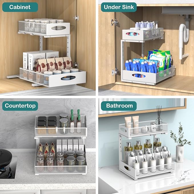 Housolution 2 Pack Large Under Sink Organizer, 2 Tier Metal Pull Out Under Sink - Image 7