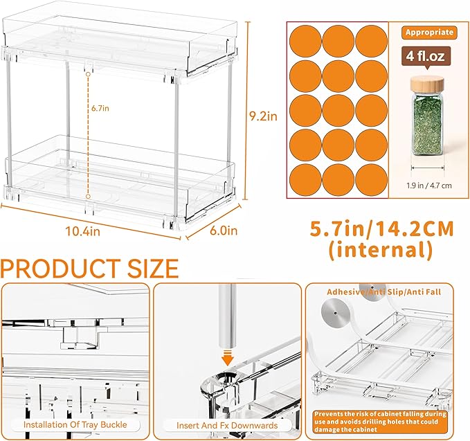 Yieach 2 Pack 2 Tier Vertical Spice Rack Pull Out, 10.4'' Deep Narrow Slide Out - Image 2