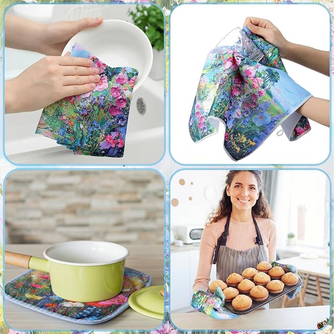 Fourluoo 10 Pcs Spring Kitchen Decor Sets Oil Painting Kitchen Towels Pot - Image 6