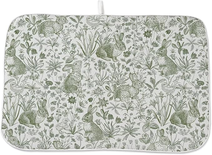 Spring Easter Dish Drying Mat 18 x 24 inch Green Rabbit Bunny Botanical Floral by AEIOAE