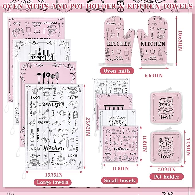 12 Pcs Farmhouse Pink Kitchen Decorations Sets 4 Pink and White Kitchen Towels - Image 3