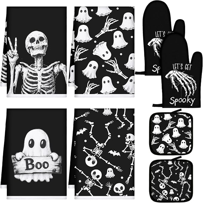 Leinuosen 8 Pcs Skull Kitchen Decor Set Kitchen Towels Gothic Oven Mitts and by Leinuosen