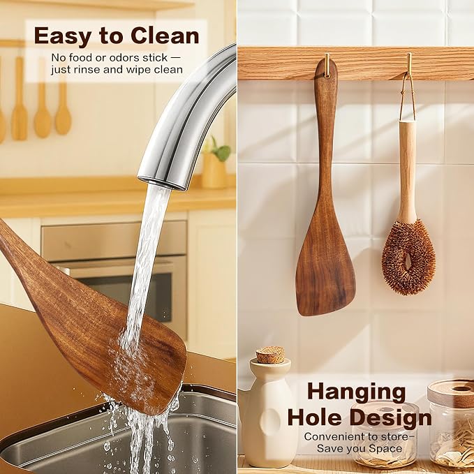 Jilla-hla Wooden Spatula Nonstick Turner Acacia Wood, Right Long Handle Flat - Image 7