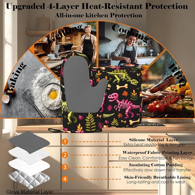 Dinosaur Skeleton Oven Mitts and Pot Holders Sets Non-Slip Silicone Surface - Image 4