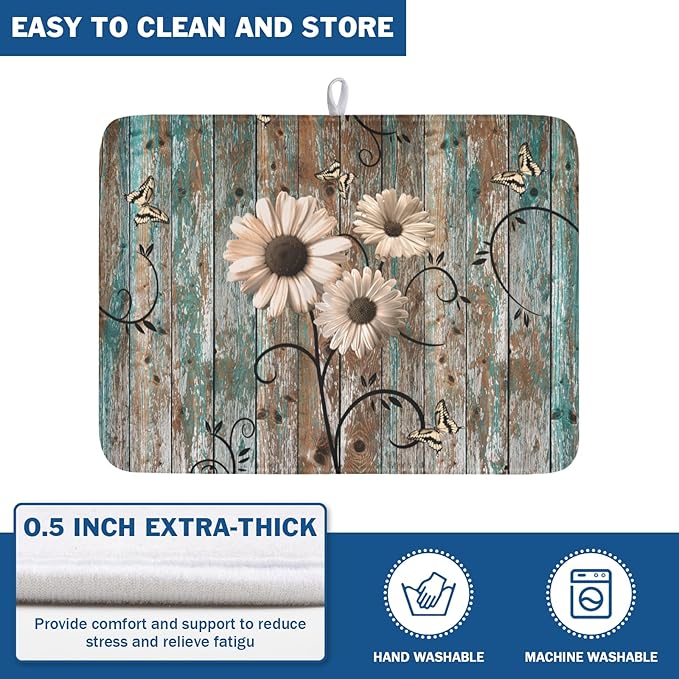Dish Drying Mat for Kitchen Counter 18 x 24 Inch Rustic Vintage Daisy Floral - Image 5
