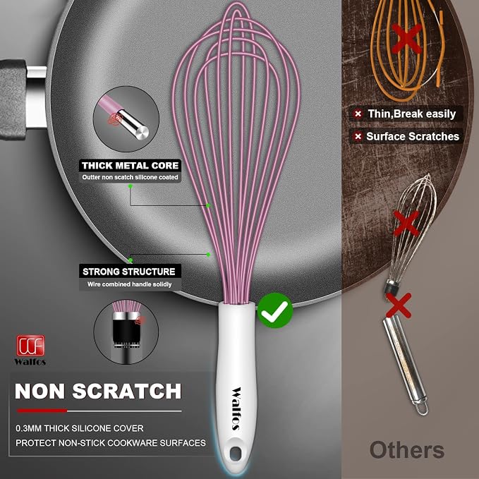 Walfos Whisk, Silicone Whisks for Cooking & Baking Non Scratch Rubber Coated - Image 2