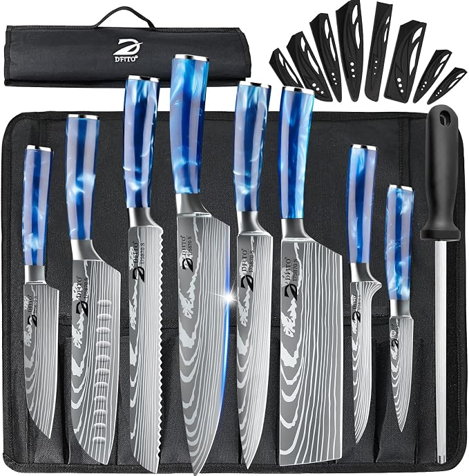 Dfito Chef Knife Sets with Roll Bag, 9 Pieces Professional Knife Set, High by DFITO