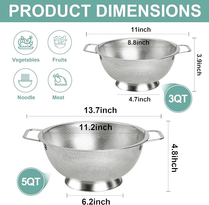 Kaishun Colander Stainless Steel 5-Quart, Kitchen Strainer - Image 2
