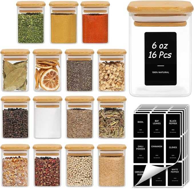 ComSaf 16Pcs Spice Jars with Labels, Glass Jar with Bamboo Lid, 6oz Airtight by ComSaf