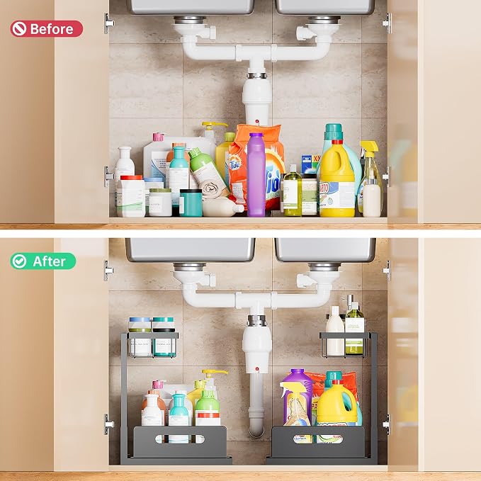 VUSIGN Under Kitchen Sink Organizer 2 Tier, Pull Out Under Sink Organizers and - Image 3