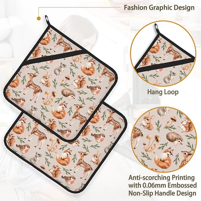 Mushroom Squirrel Deer Hedgehog Pot Holder Set of 2, Heat Resistant Potholders - Image 4