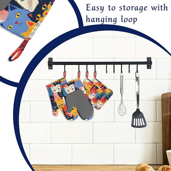 Colourful Cats Oven Mitts and Pot Holders Sets of 4 Cute Animal Heat Resistant - Image 3