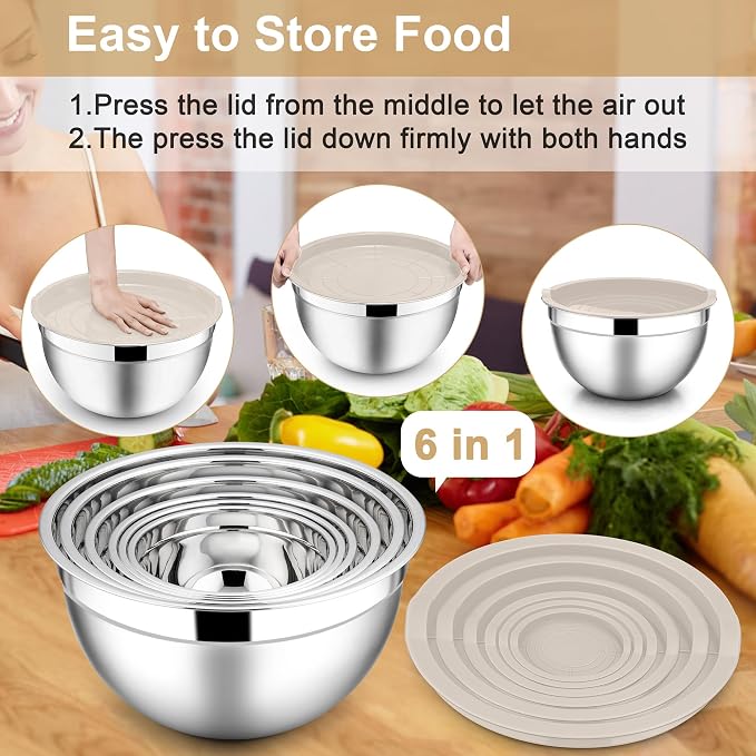 E-far Mixing Bowls with Lids, 12-Piece Stainless Steel Salad Bowls Metal - Image 7