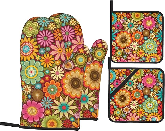 Mandala Flower Pattern Oven Gloves and Hot Pads Set by Unknown