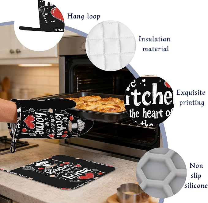 Funny Oven Mitts and Pot Holders Sets of 4 The Kitchen is The Heart of The Home - Image 4