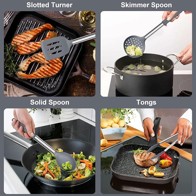 E-far Silicone Cooking Utensils Set, Slotted Turner, Soup Ladle, Pasta Server - Image 4