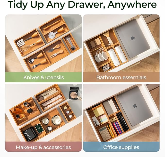 keechee 5-Piece Bamboo Drawer Organizer Set, 2.2" Deep Multi-Use Organizers - Image 8