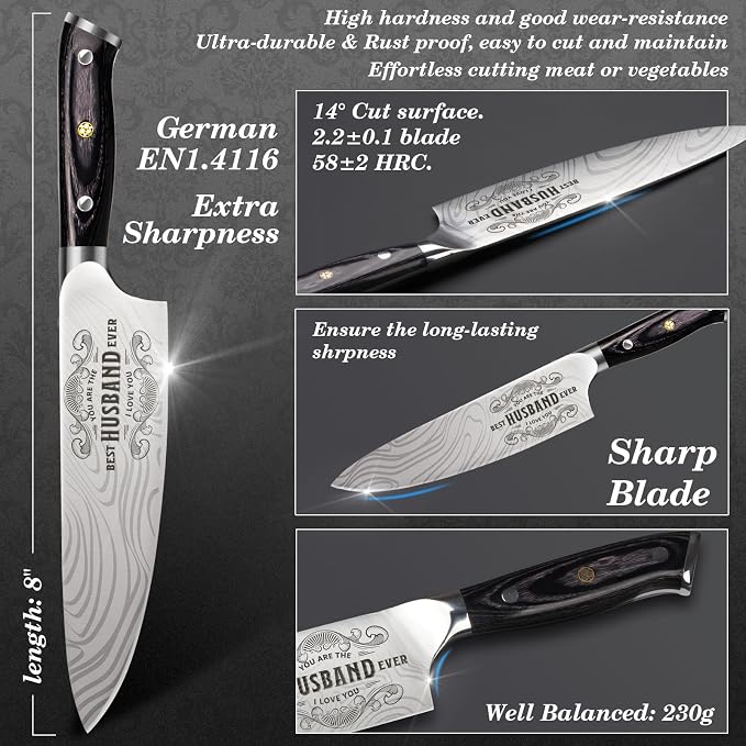 Funistree Gifts for Men Him Husband, 8 inch Professional German 1.4116 Chef - Image 3