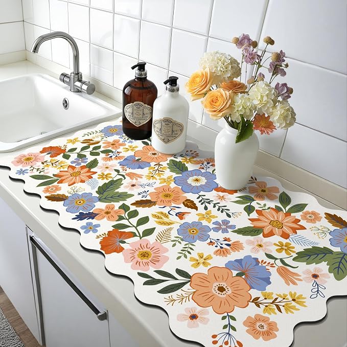LOKHOM Scalloped Floral Dish Drying Mat, Cuttable Hide Stain Non-slip Drying Mat - Image 9
