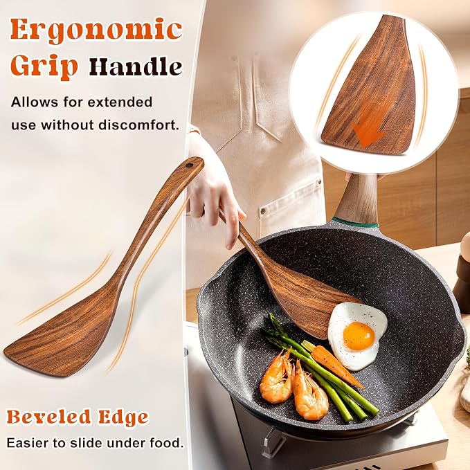 Wooden Spatula for Cooking, Acacia Wood Flat Frying Spatulas, Long Handle - Image 2