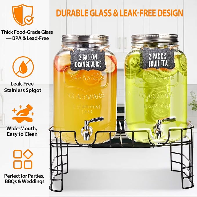 2 Gallon Large Glass Drink Dispenser Set, 2 Pack Beverage Dispensers - Image 3