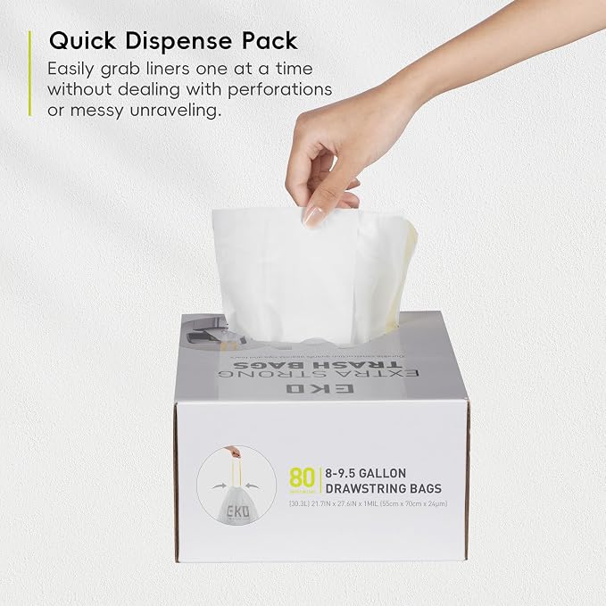 EKO Easy-Dispense Roll 80 Count Extra-Strong Drawstring Tall Kitchen Trash Bag - Image 9