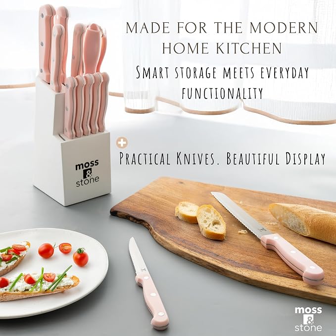 Moss & Stone Pink 14 Pcs Knife Block Set Stainless Steel, Premium Forged - Image 6