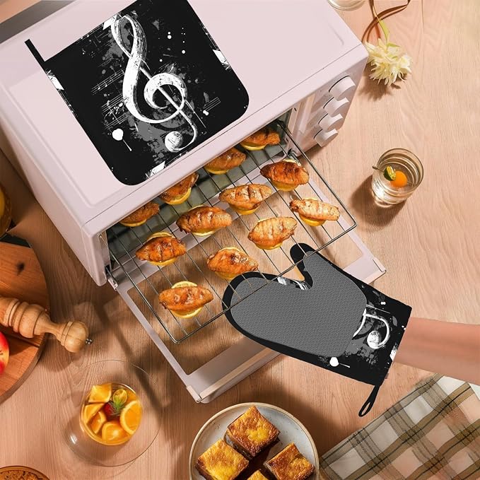 Black Notes Oven Mitts and Pot Holders Sets Non-Slip Silicone Surface - Image 5