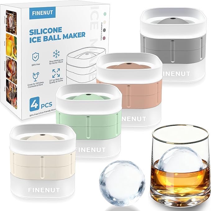 Silicone Ice Ball Mold with Lid, 4 Pack – 2.5 Inch Large Sphere Round Ice Maker by Finenut
