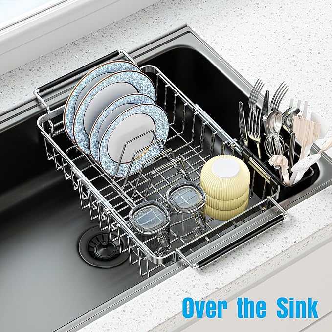 Expandable Over The Sink Dish Drying Rack, Anti-Rust Stainless Steel in Sink - Image 4