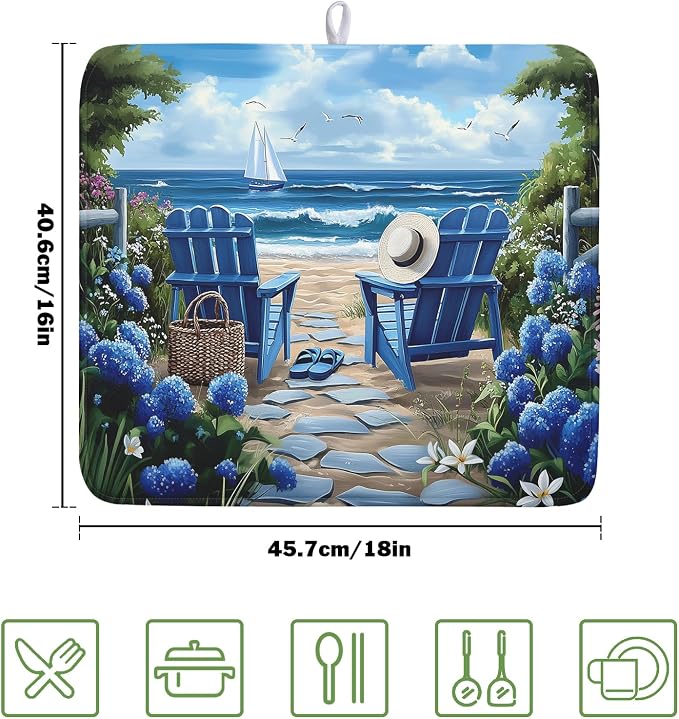 Summer Beach Chairs Dish Drying Mat Sea Wave Blue Floral Drying Mat fo Kitchen - Image 2