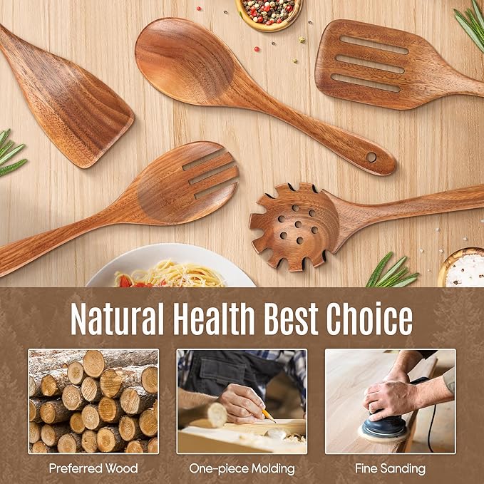 5 PCS Wooden Spoons for Cooking Natural Teak Kitchen Utensils Set Smooth - Image 2