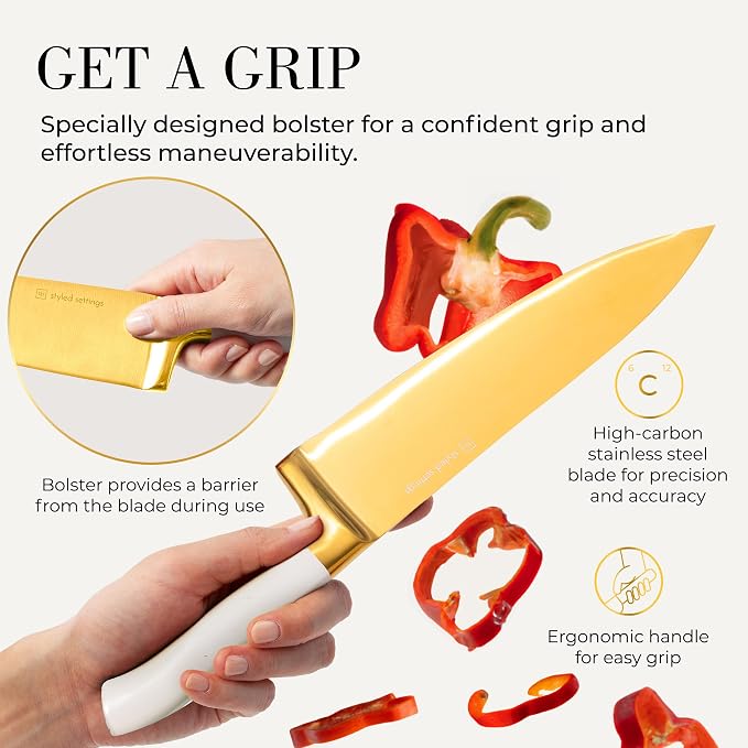 White and Gold Knife Set with Block - Image 6