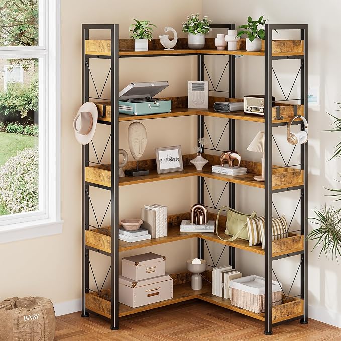 DUMOS 65 inch L Shaped Bookshelf, 5 Tier Corner Bookcase - Image 2