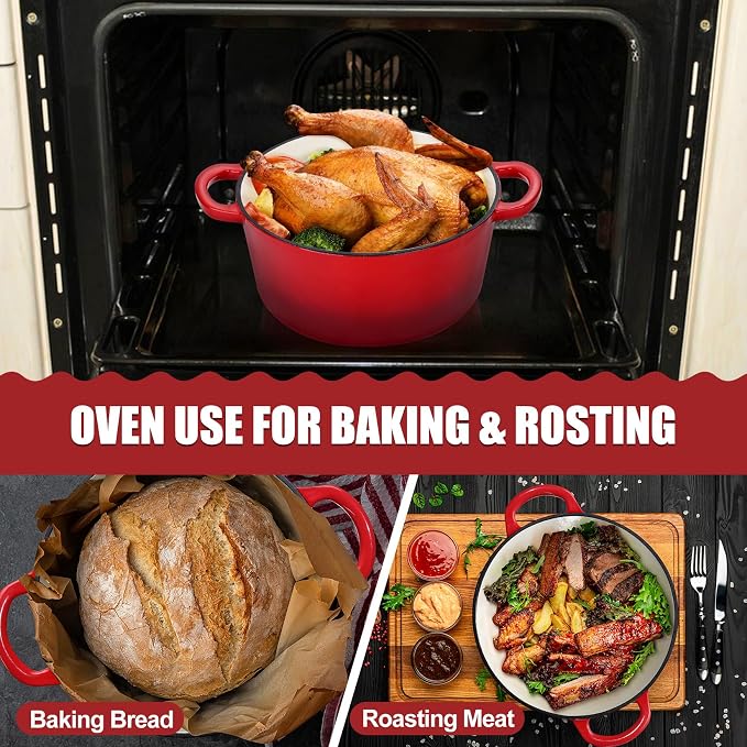 P&P CHEF 5Qt Dutch Oven Pot for Bread Baking, 2 In 1 Round Cast Iron Dutch Oven - Image 6