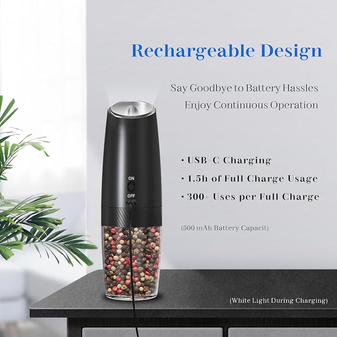 UNNEES Rechargeable Electric Salt and Pepper Grinder Set, Gravity Activated - Image 3