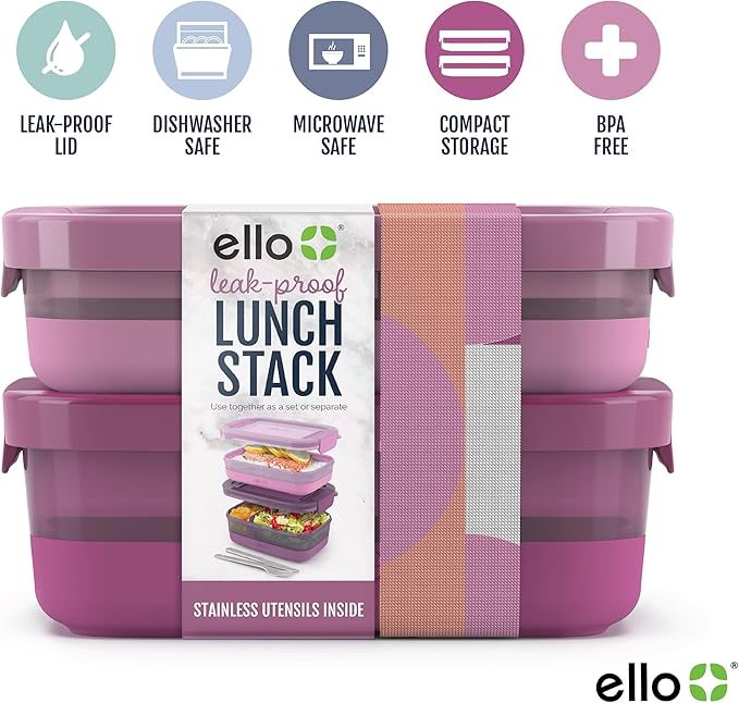Ello 2-Pack Lunch Stack Plastic Food Storage Container Bento Box - Image 2