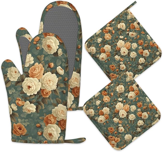 Vintage Rose Flower Oven Mitts and Pot Holders Set of 4, Retro Floral Kitchen by Unknown