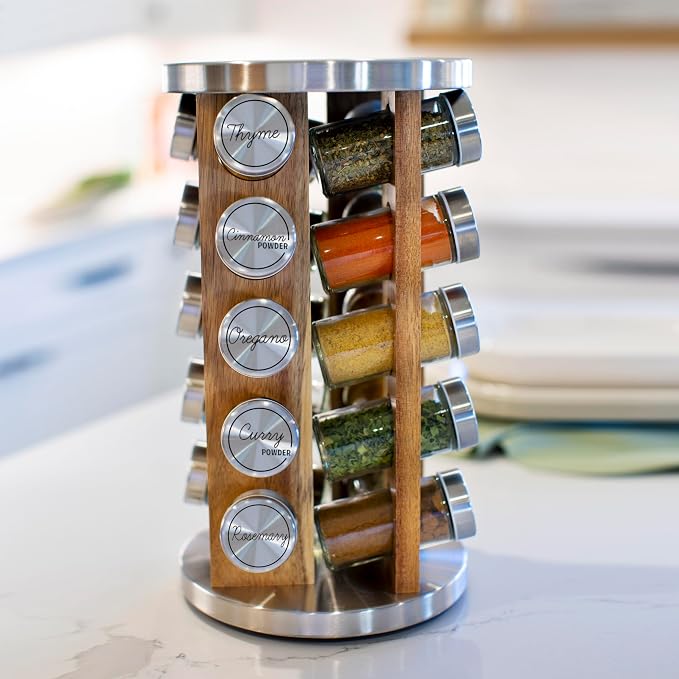 Orii 20 Jar Rotating Light Acacia Wood Spice Rack - Image 3