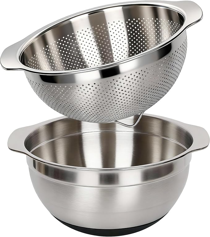 304 Stainless Steel Colander, 2.5 QT Capacity and 2.5 QT Mixing Bowl, Micropore by Qimh