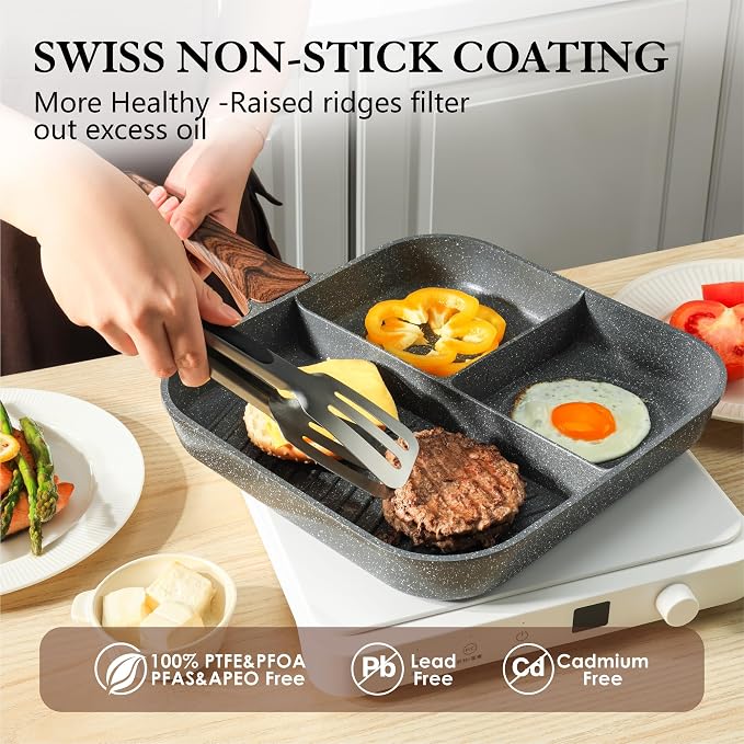 Sensarte Nonstick 11-Inch Square Grill Pan, 3-Section Versatile Breakfast - Image 3