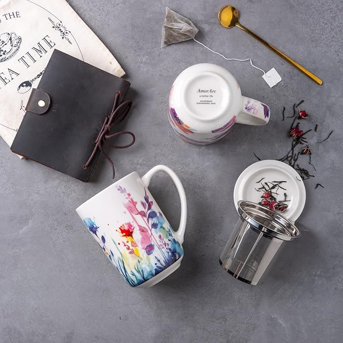 AmorArc Porcelain Tea Mug with Infuser and Lids, 18 Oz Large Cup Strainer with - Image 5
