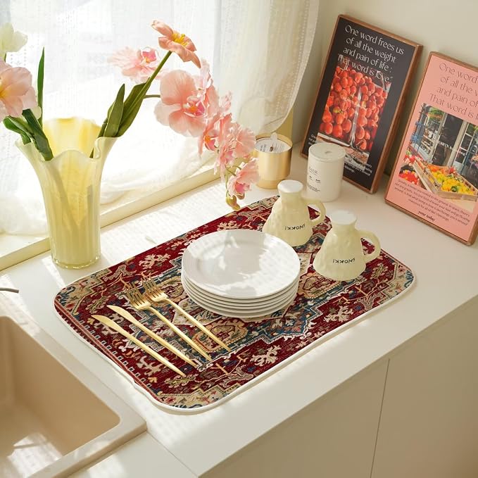 Burgundy Red Dish Drying Mat 18 x 24 inch Bohemian Rug Carpet Decorative Drying - Image 7