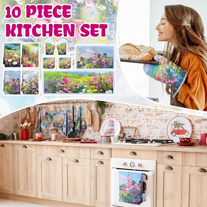 Fourluoo 10 Pcs Spring Kitchen Decor Sets Oil Painting Kitchen Towels Pot - Image 2