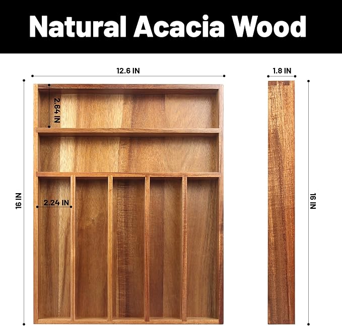 KITEISCAT Acacia Wood Silverware Organizer, Kitchen Utensil Drawer Organizer - Image 2