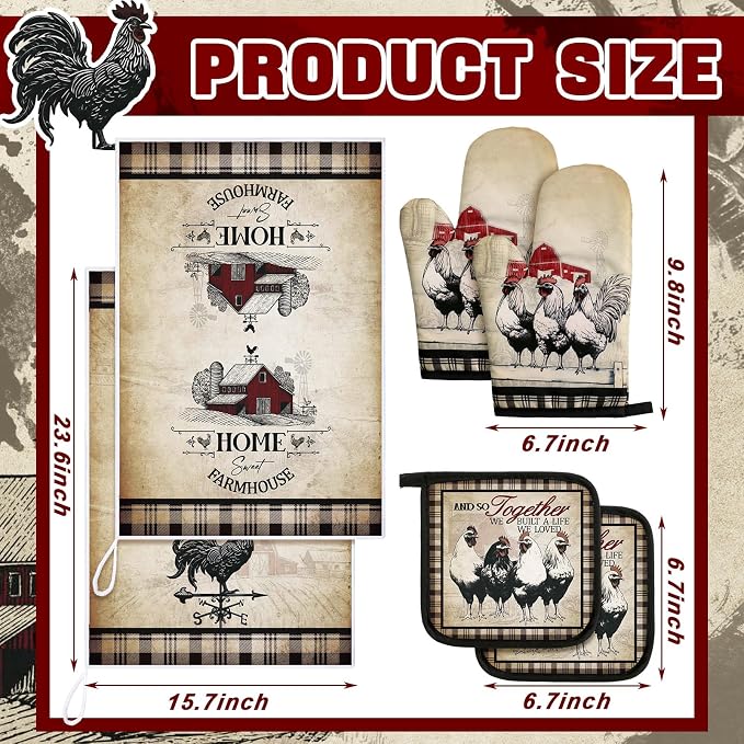 Leinuosen 6 Barn Farm Farmhouse Kitchen Decor Dish Towels Oven Mitts and Pot - Image 3