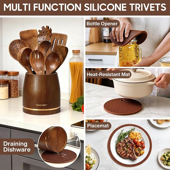 Spardar Wooden Spoons for Cooking, Spoon Rest, 4.2" Utensil Holder, and - Image 4