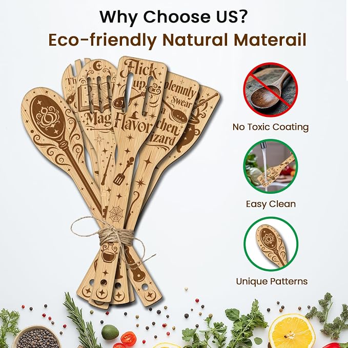 CUTHOLLOW 6PCS Magic Element Wooden Kitchen Cooking Utensil Set, 11.9in Non - Image 3